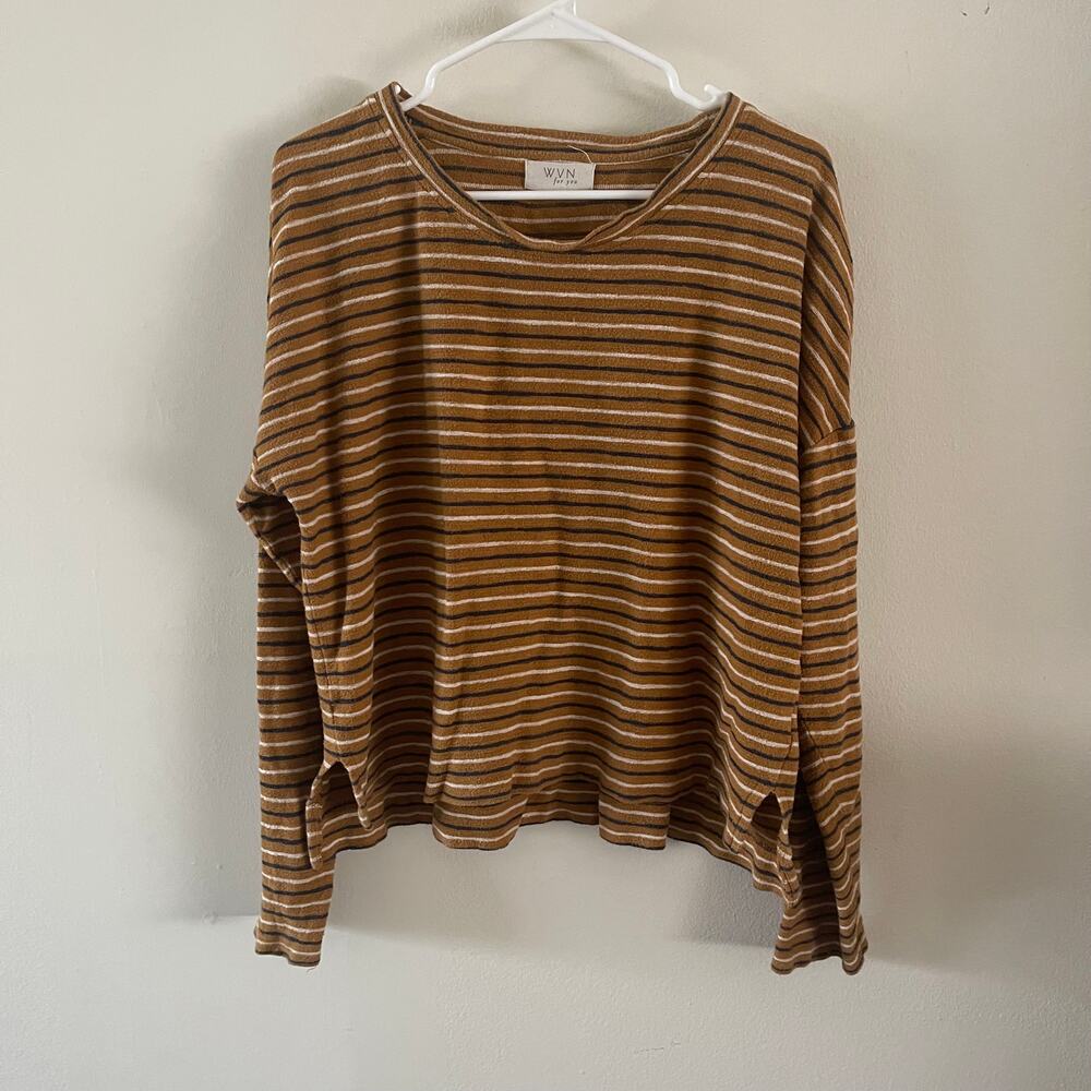WVN For You Riki  Stripe Sweater Womens Large Golden Brown Boxy Organic Cotton